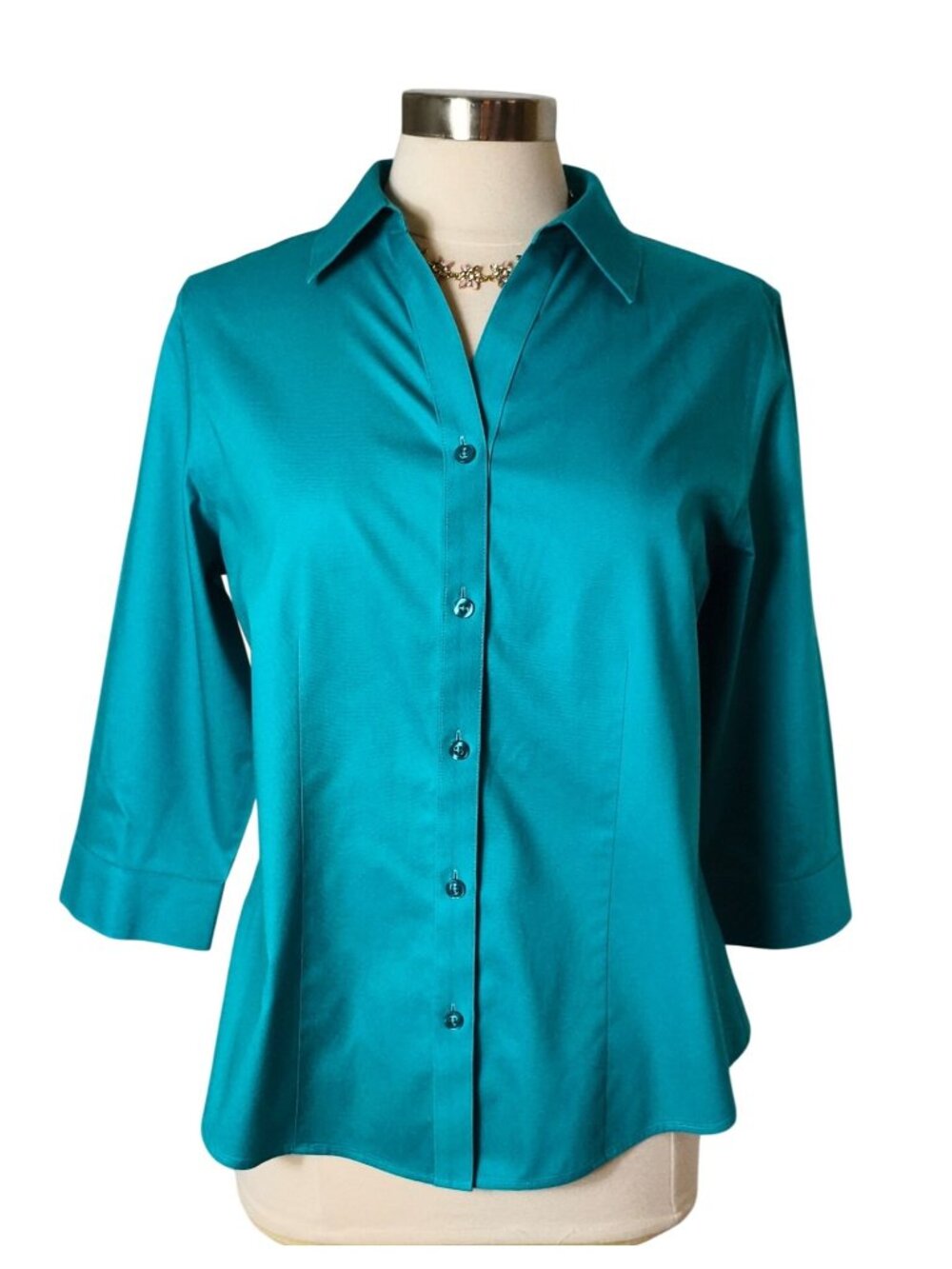 Chicos Womens 1 Button-Up Shirt Turquoise Wrinkle-Resistant Collared 3/4 Sleeve